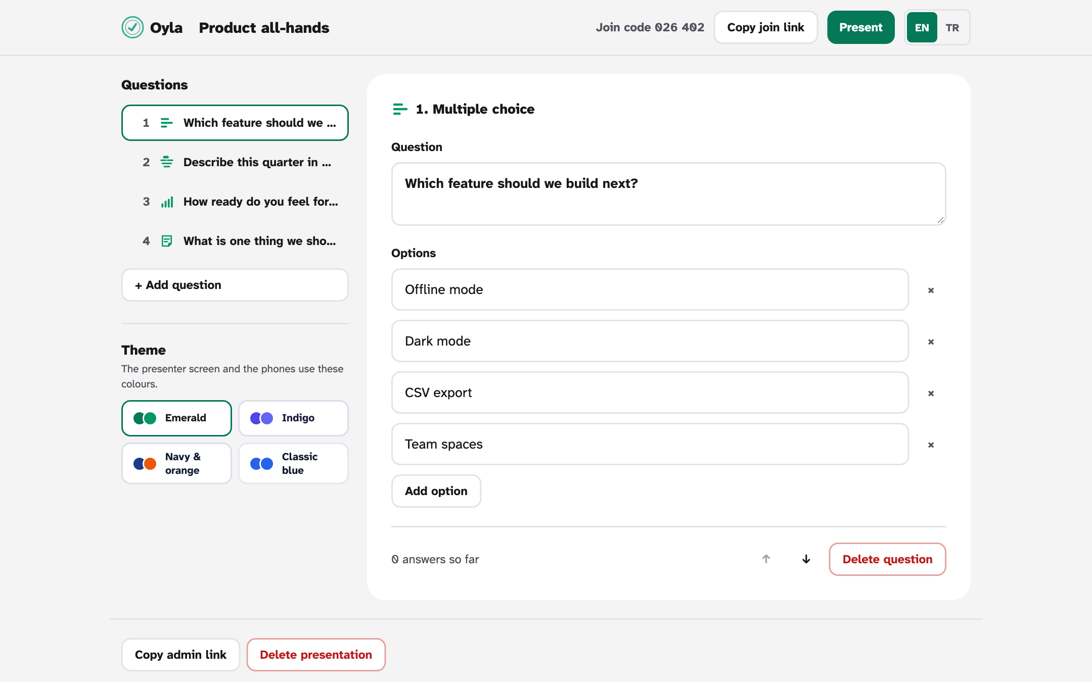 The editor: a list of four questions on the left and the selected multiple-choice question with its four options on the right