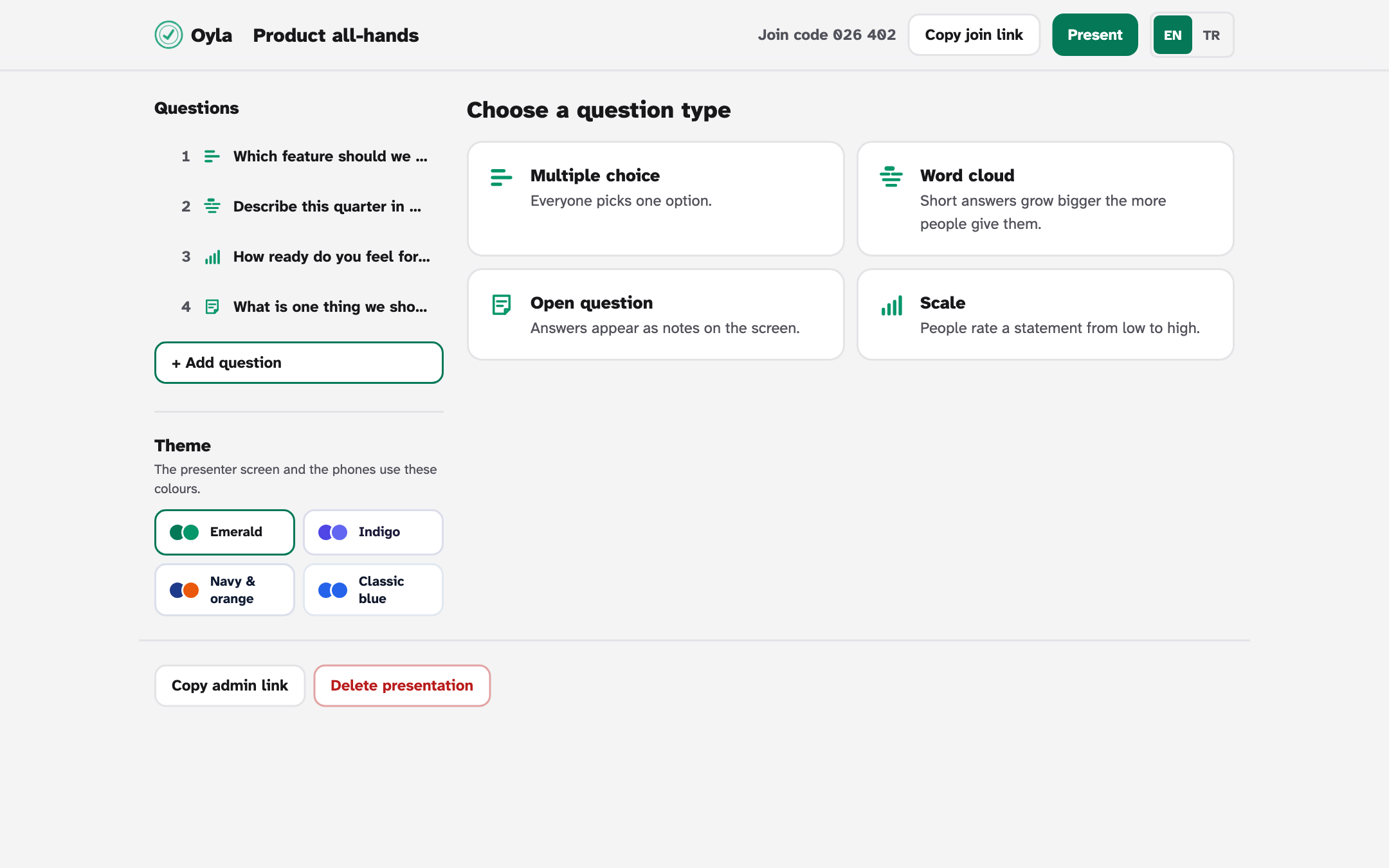 The question type picker with four cards: Multiple choice, Word cloud, Open question and Scale