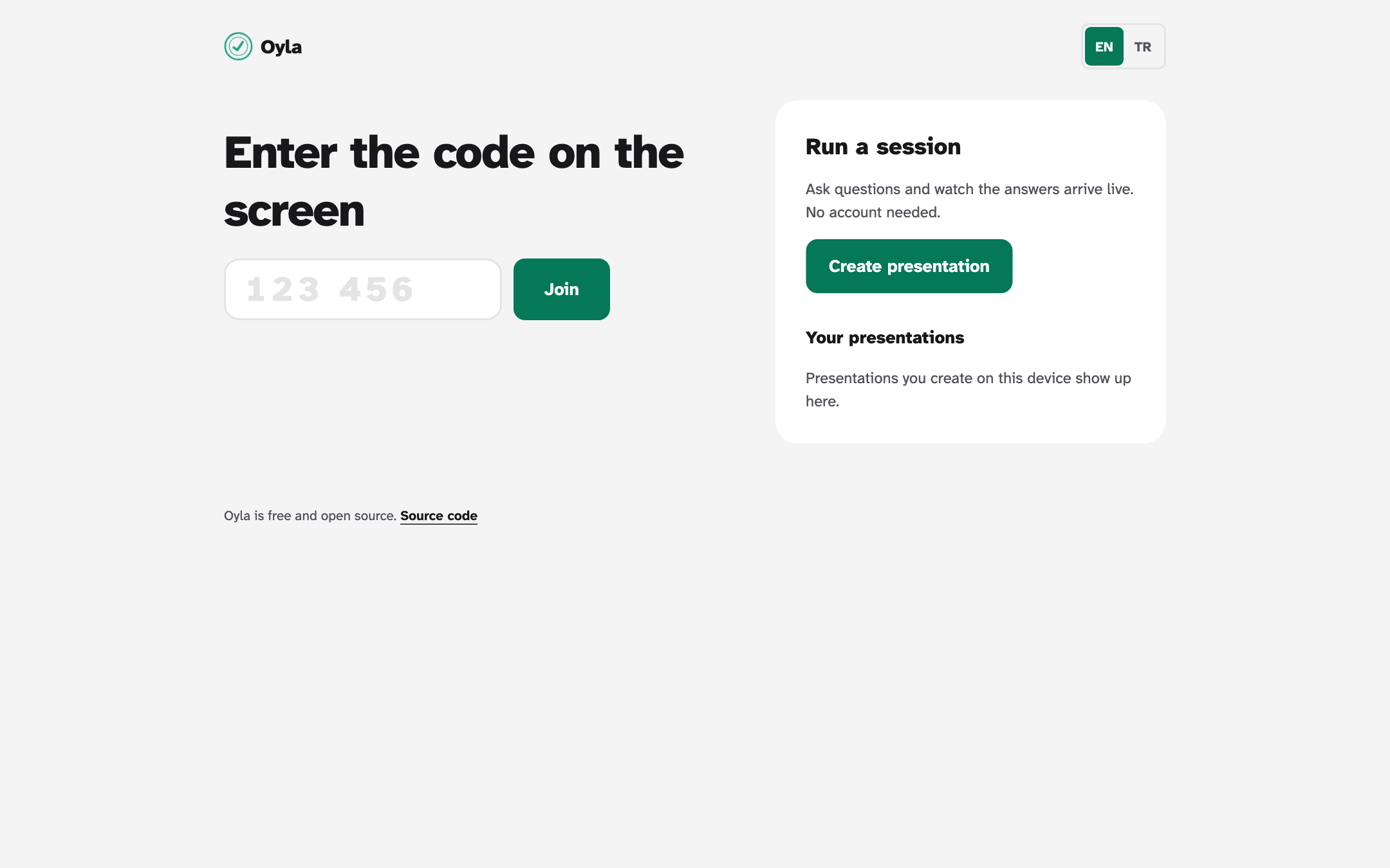 The start page with a large join code field on the left and a Run a session panel with a Create presentation button on the right