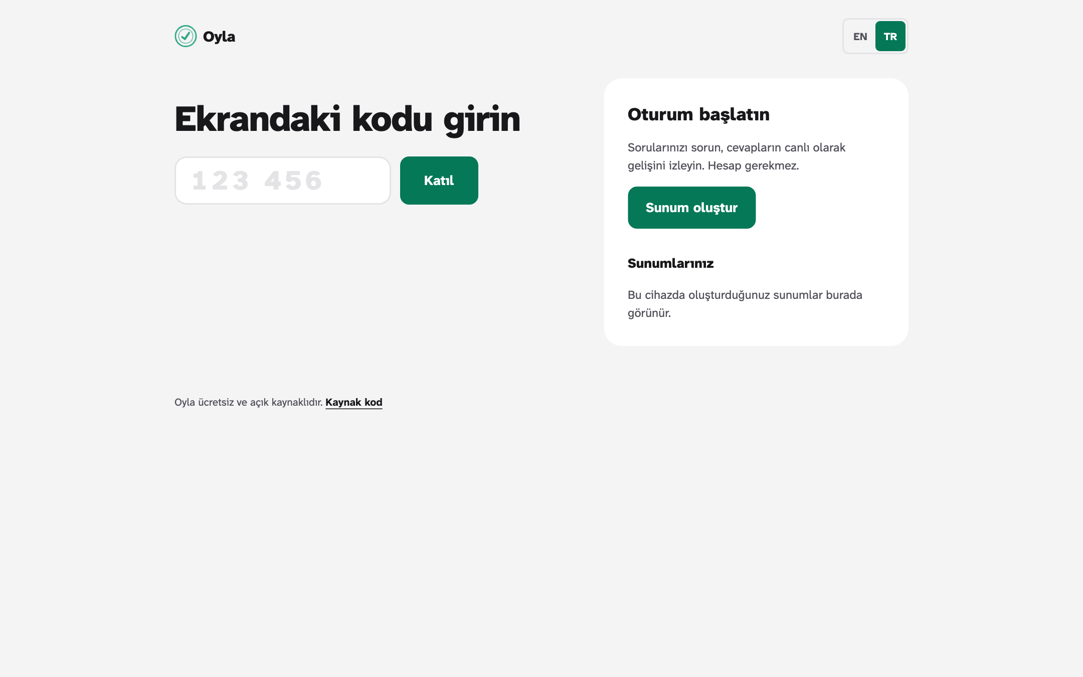 Ana sayfa: solda büyük bir katılım kodu alanı, sağda Sunum oluştur düğmesinin bulunduğu Oturum başlatın paneli