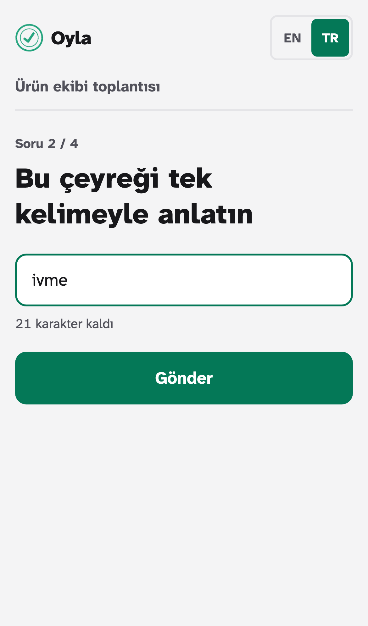 Telefon formu: içinde ivme yazan bir metin alanı ve Gönder düğmesi