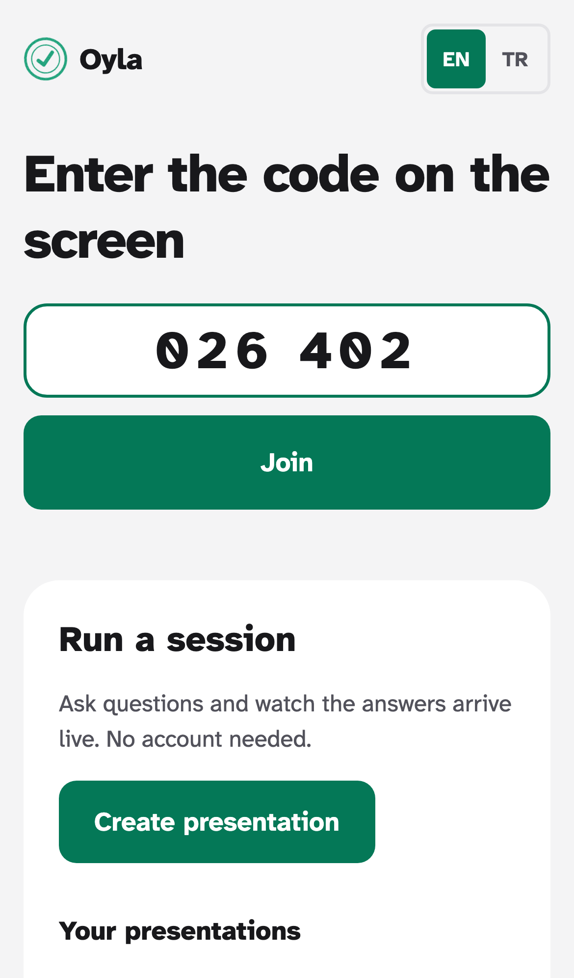 A phone on the Oyla start page with the code 859 847 typed into the join field and a Join button