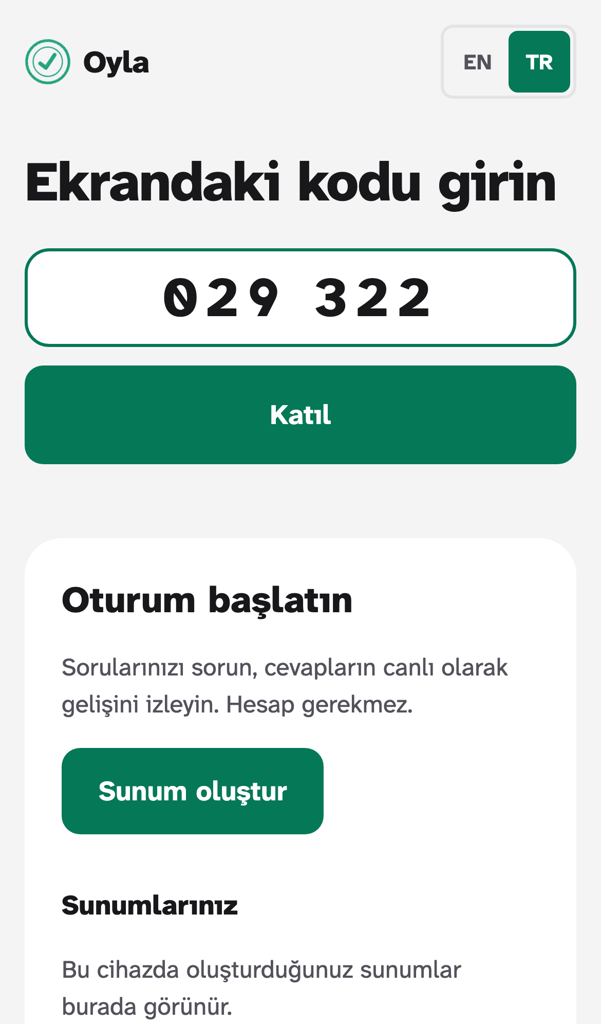 Oyla ana sayfasında, katılım alanına kod yazılmış ve altında Katıl düğmesi bulunan bir telefon