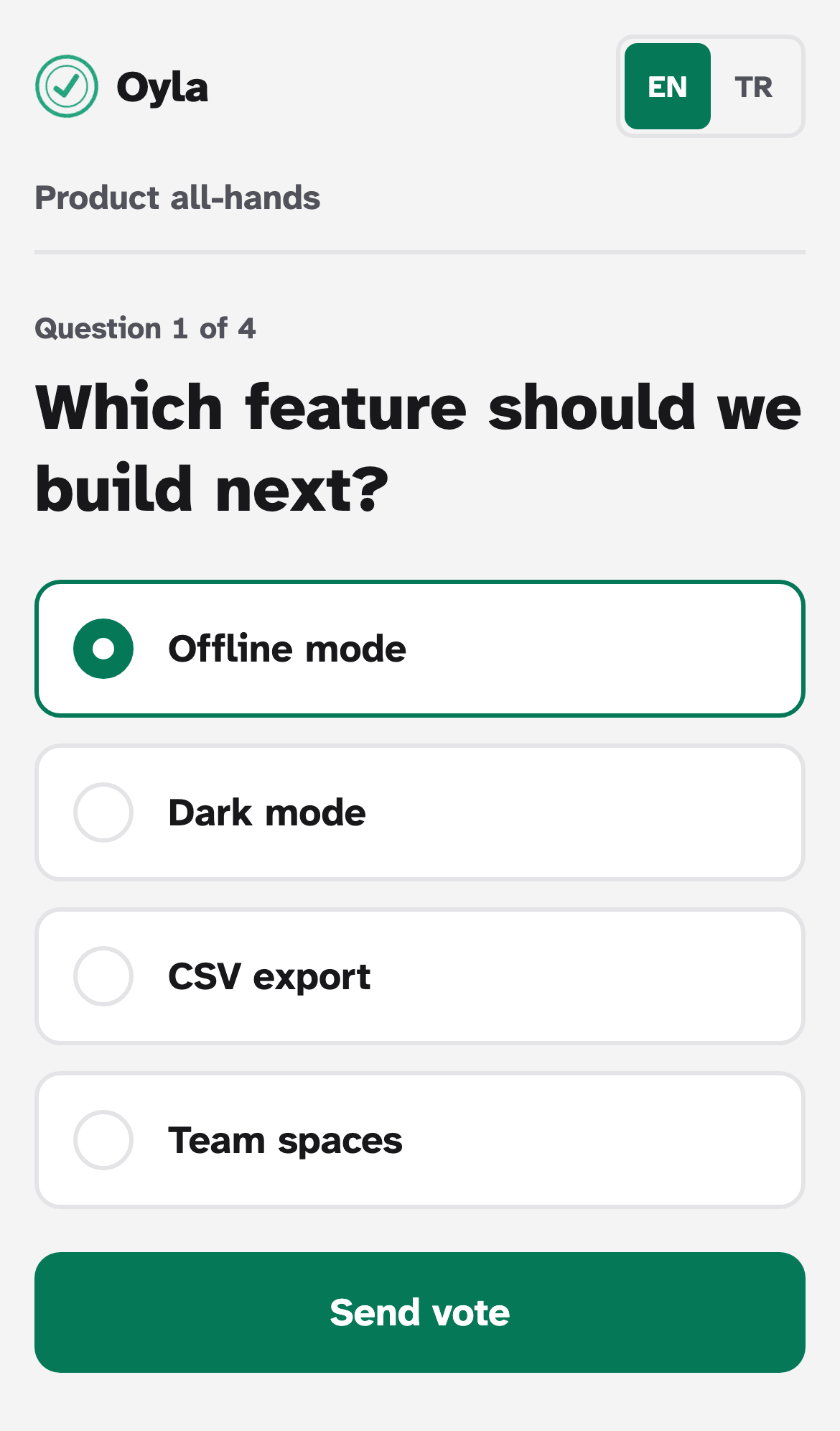 A phone showing the same question with four options and a Send vote button