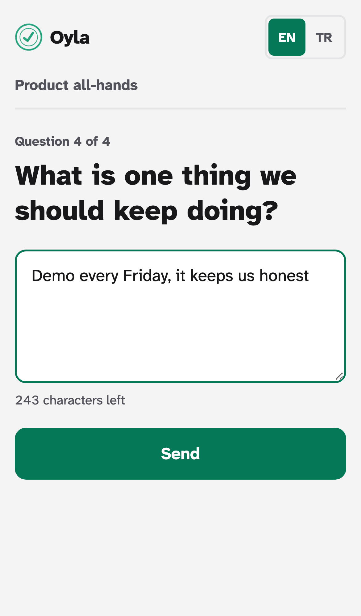 The phone form: a text area with an answer, a characters-left counter and a Send button