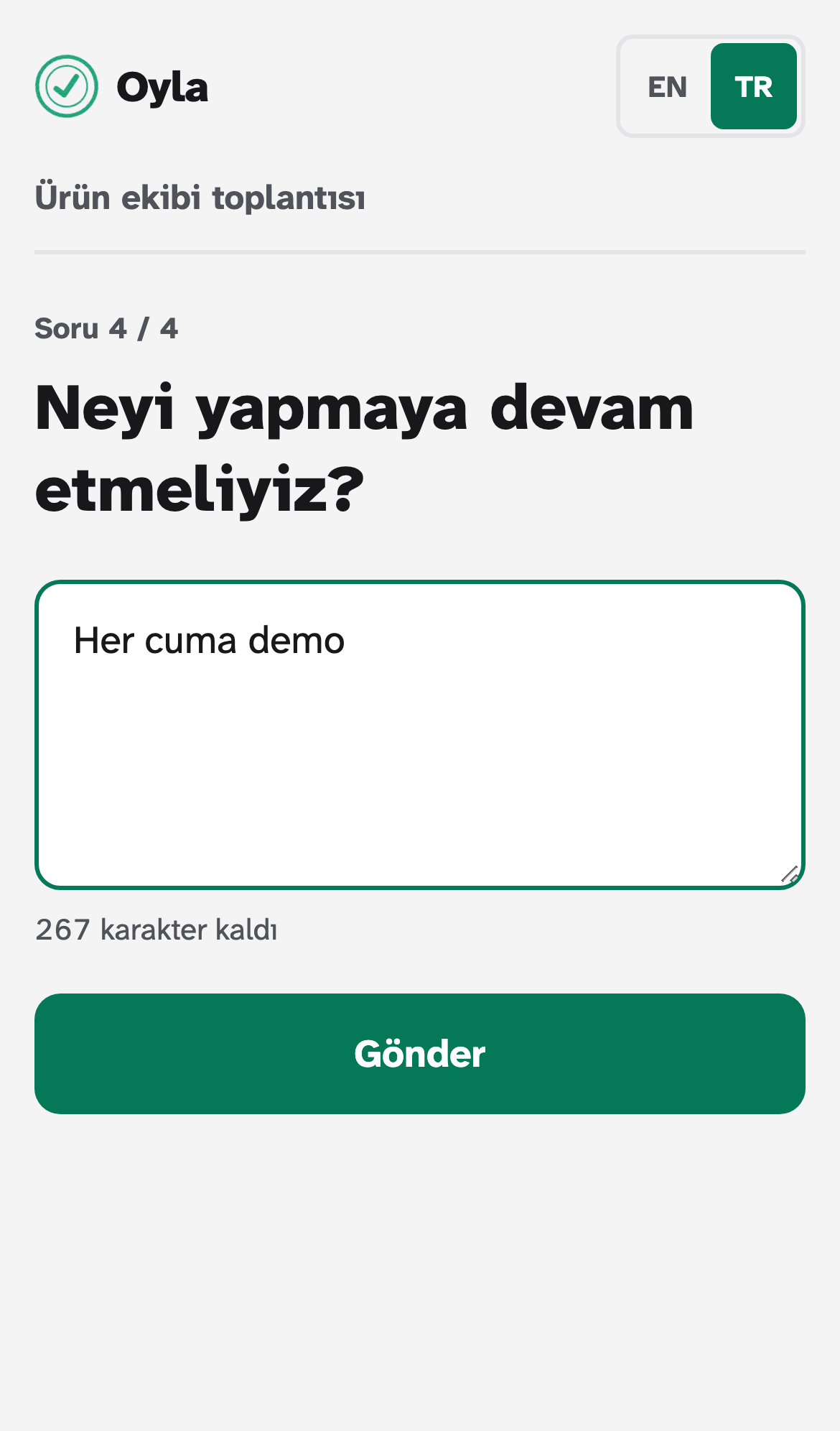 Telefon formu: içinde bir cevap yazan metin alanı, kalan karakter sayacı ve Gönder düğmesi