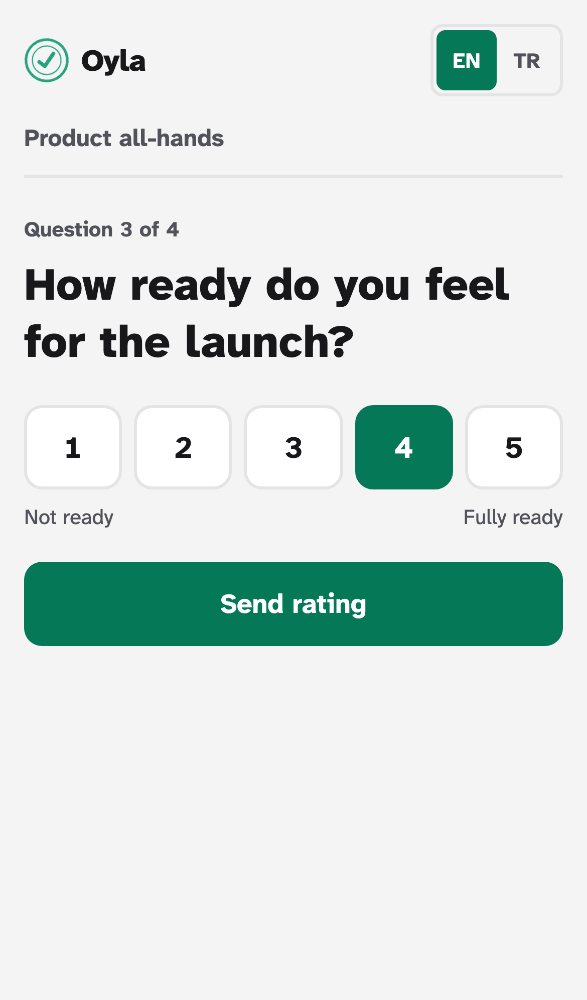 The phone form: number buttons from 1 to 5 with 4 selected, the labels Not ready and Fully ready, and a Send rating button