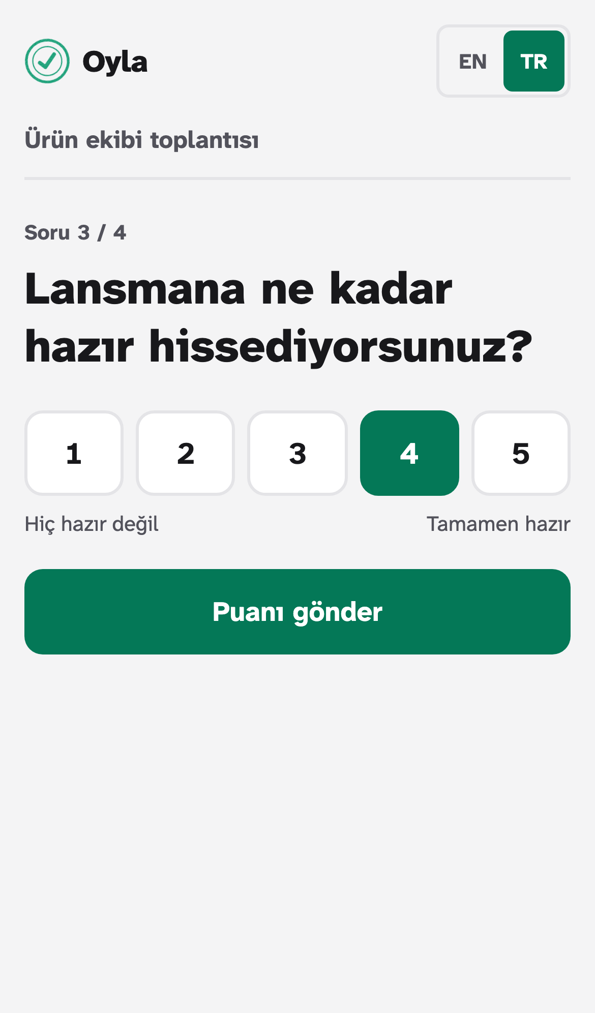 Telefon formu: 4'ün seçili olduğu 1'den 5'e sayı düğmeleri, uç etiketleri ve Puanı gönder düğmesi