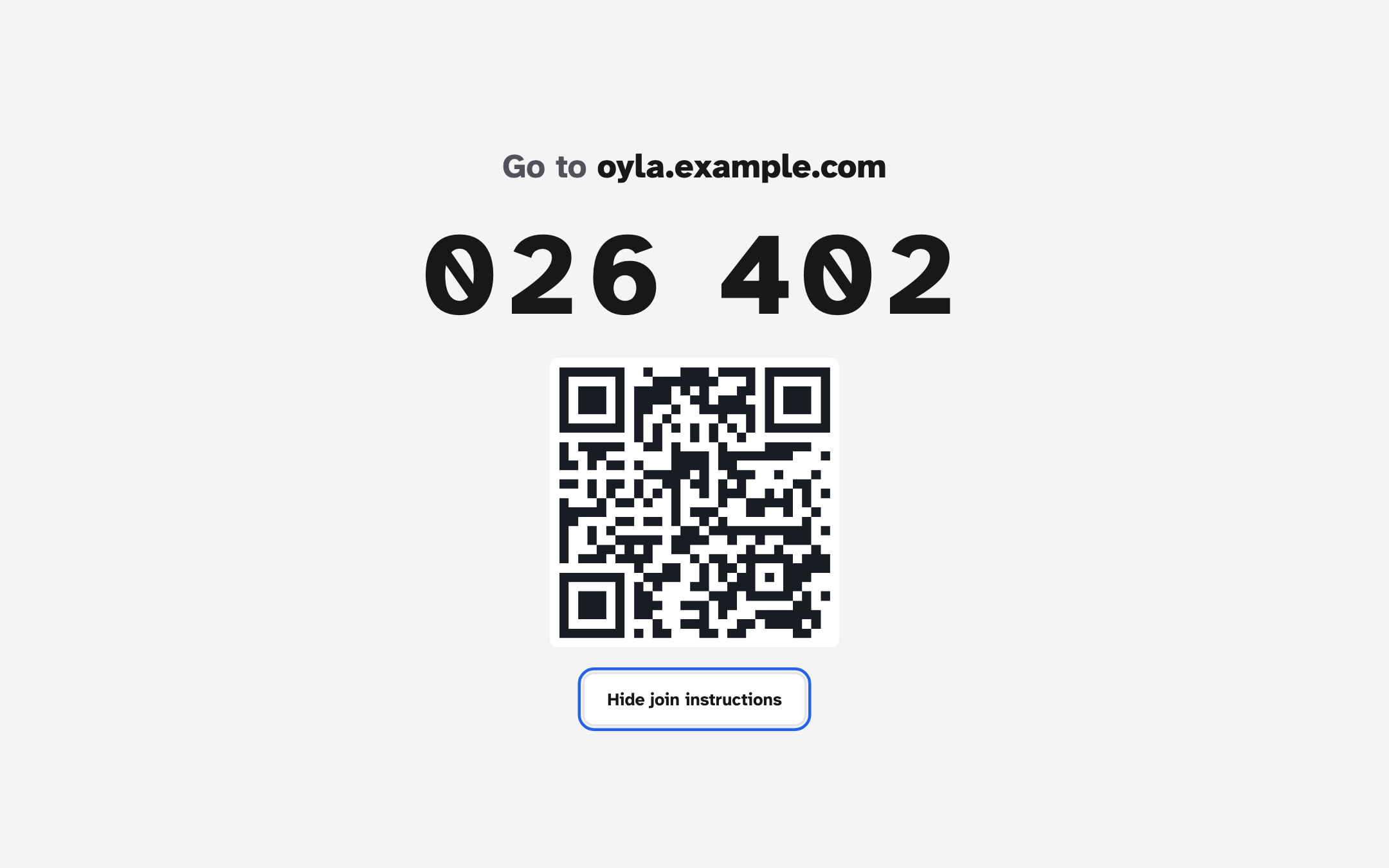 Full-screen join instructions: 'Go to oyla.example.com', the code 859 847 in very large digits and a QR code